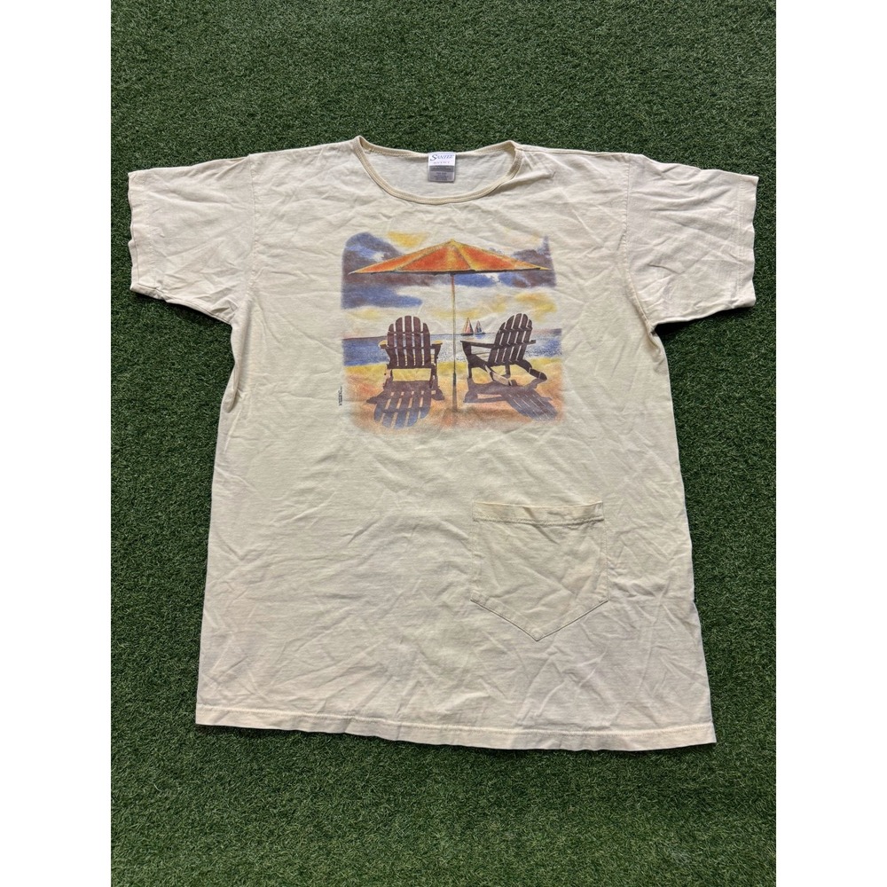 Santee Hvywt T Shirt One Size Mens Beige Beach Umbrella Graphic Logo Cotton‎ Tee